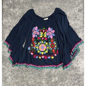 Ruby Yaya Embroiderd Peasant Shirt Womens L Blue Floral Bell Sleeves Colorful